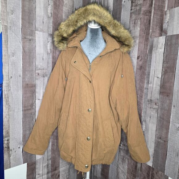 Design & Co Lane Bryant Brown Tan Coat Faux Fur Hood Women's Size 18 / 20 Gift - Picture 1 of 10